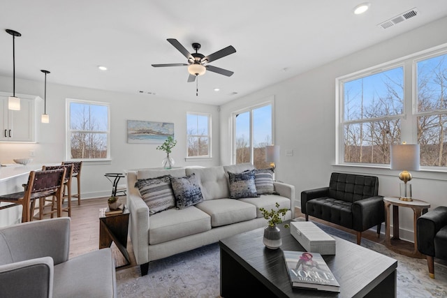 6051 Mill Tree Ct, Nashville, TN 37221 - living area with light wood-type flooring, a ceiling fan, and recessed lighting