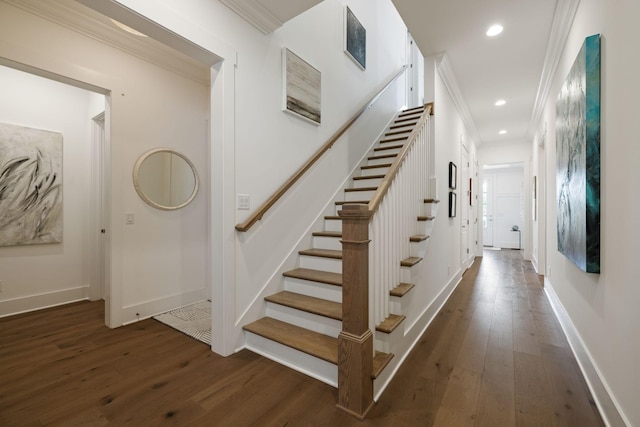 7019 Bolton St, Franklin, TN 37064 - staircase with wood-type flooring, crown molding, and recessed lighting