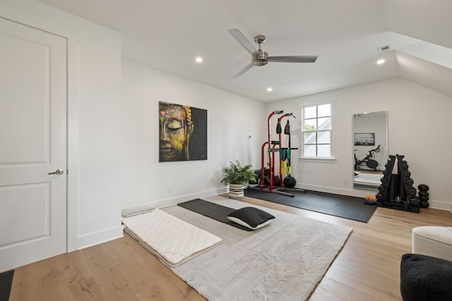 7019 Bolton St, Franklin, TN 37064 - exercise room with wood finished floors, a ceiling fan, recessed lighting, and lofted ceiling