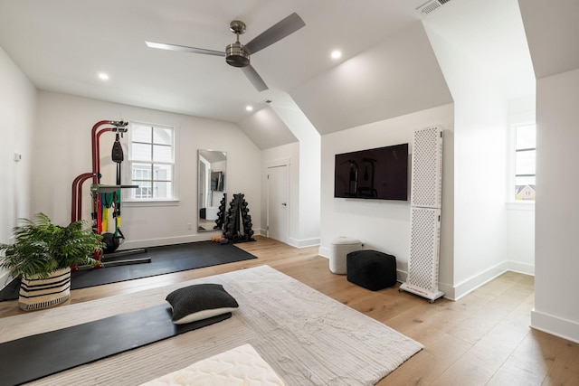 7019 Bolton St, Franklin, TN 37064 - workout room featuring ceiling fan, vaulted ceiling, wood finished floors, and recessed lighting