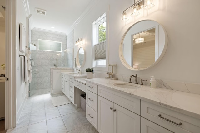 7019 Bolton St, Franklin, TN 37064 - bathroom featuring crown molding, double vanity, and a tile shower