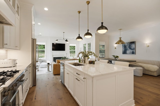 7019 Bolton St, Franklin, TN 37064 - kitchen with open floor plan, appliances with stainless steel finishes, hardwood / wood-style floors, custom range hood, and a fireplace
