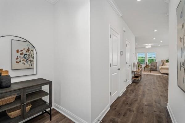 2202 Melk Ln, Columbia, TN 38401 - hallway featuring crown molding, wood finished floors, and recessed lighting