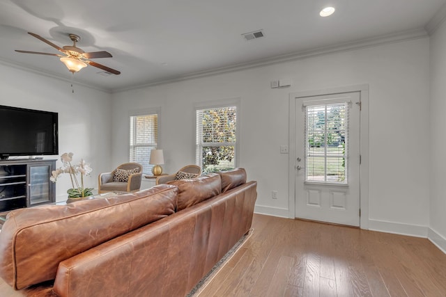 4029 Viola Ln, Franklin, TN 37069 - living room with ceiling fan, light wood finished floors, ornamental molding, and recessed lighting