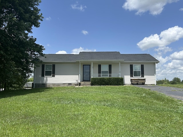 5208 Drake Rd, Cedar Hill, TN 37032 - view of front of house with covered porch, a front yard, asphalt driveway, and crawl space