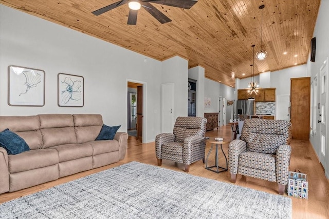 2006 Goodrich Rd, Nunnelly, TN 37137 - living room with wood ceiling, a ceiling fan, light wood finished floors, vaulted ceiling, and recessed lighting