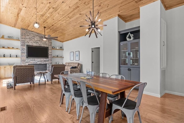 2006 Goodrich Rd, Nunnelly, TN 37137 - dining room with wooden ceiling, a ceiling fan, light wood-style floors, vaulted ceiling, and a fireplace