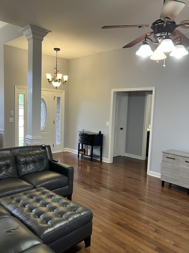 809 Renaissance Ave, Murfreesboro, TN 37129 - living area featuring a ceiling fan, wood finished floors, a chandelier, and decorative columns