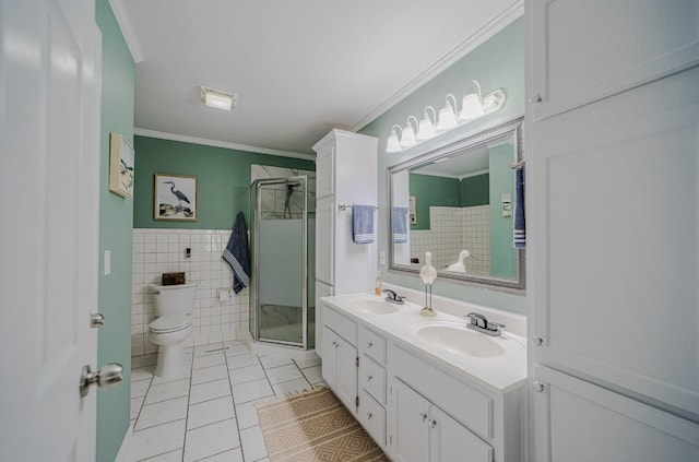 3205 Rocky Point Ln, Stewart, TN 37175 - full bath featuring tile patterned flooring, a stall shower, double vanity, tile walls, and ornamental molding
