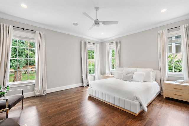 4220 Kirtland Rd, Nashville, TN 37215 - bedroom with dark wood finished floors, ornamental molding, ceiling fan, and recessed lighting