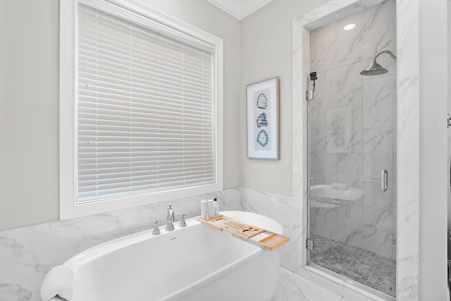 4220 Kirtland Rd, Nashville, TN 37215 - full bathroom with marble look tiles, a marble finish shower, and a freestanding tub