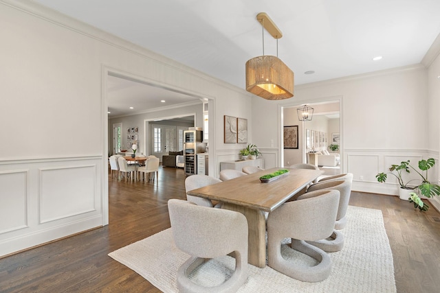 4220 Kirtland Rd, Nashville, TN 37215 - dining room with ornamental molding, a decorative wall, dark wood-style flooring, wainscoting, and recessed lighting