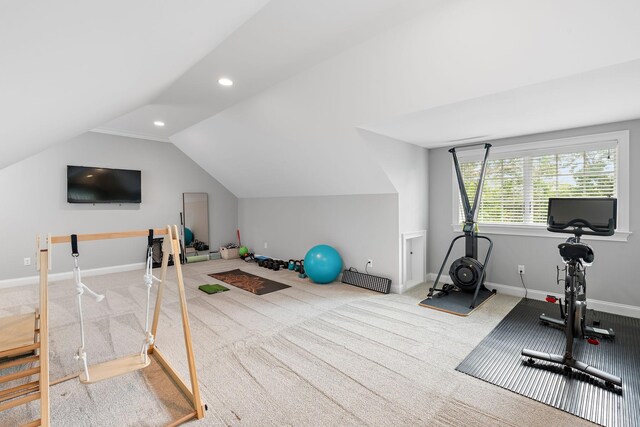 4220 Kirtland Rd, Nashville, TN 37215 - exercise room with lofted ceiling, carpet flooring, and recessed lighting