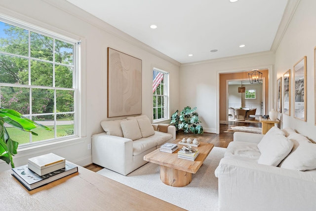 4220 Kirtland Rd, Nashville, TN 37215 - living area featuring wood finished floors, crown molding, a chandelier, and recessed lighting