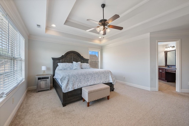312 Retriever Ct, Clarksville, TN 37043 - bedroom featuring light carpet, connected bathroom, a ceiling fan, recessed lighting, and ornamental molding