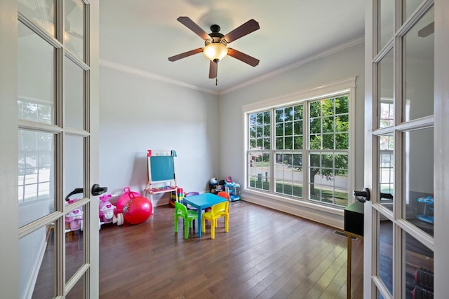 312 Retriever Ct, Clarksville, TN 37043 - rec room with ornamental molding, french doors, wood finished floors, and ceiling fan
