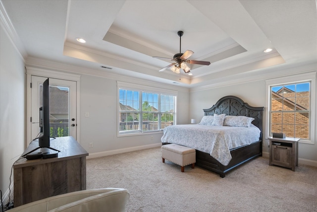 312 Retriever Ct, Clarksville, TN 37043 - bedroom featuring ornamental molding, light colored carpet, a tray ceiling, a ceiling fan, and recessed lighting