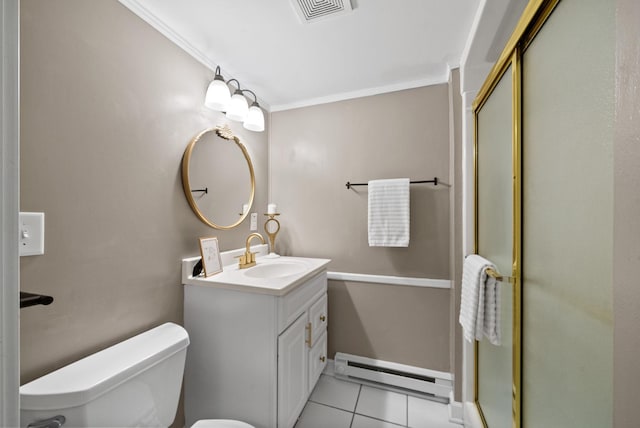 236 Slayden Cir, Clarksville, TN 37040 - full bath featuring baseboard heating, vanity, crown molding, a shower stall, and tile patterned floors