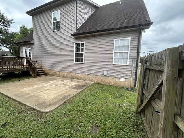 3421 Foxrun Ln, Clarksville, TN 37042 - rear view of house featuring crawl space, a shingled roof, a patio, and a deck