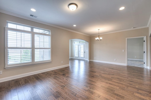 213 Vintage Way, Lebanon, TN 37087 - spare room featuring arched walkways, a chandelier, ornamental molding, dark wood finished floors, and recessed lighting
