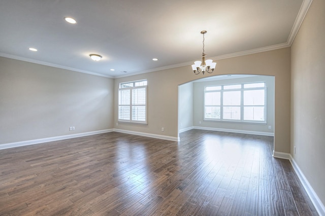 213 Vintage Way, Lebanon, TN 37087 - spare room with a chandelier, arched walkways, dark wood finished floors, ornamental molding, and recessed lighting