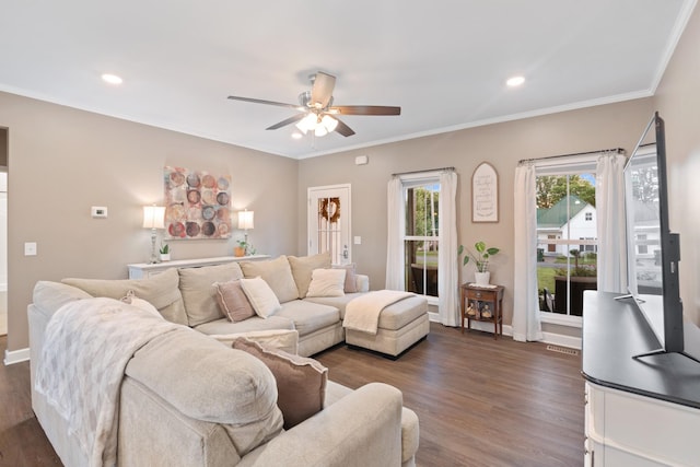204 Locust St, Mc Ewen, TN 37101 - living room featuring a ceiling fan, dark wood finished floors, recessed lighting, and crown molding