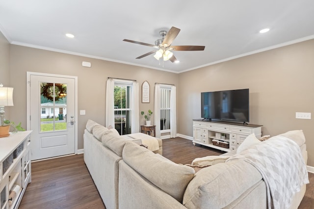 204 Locust St, Mc Ewen, TN 37101 - living area featuring a ceiling fan, dark wood-type flooring, recessed lighting, and ornamental molding