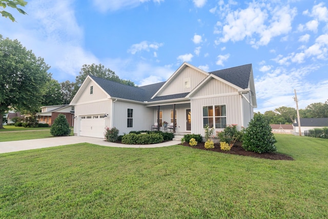 204 Locust St, Mc Ewen, TN 37101 - modern inspired farmhouse with a porch, a front lawn, concrete driveway, a garage, and roof with shingles