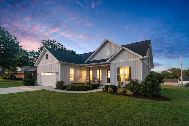 204 Locust St, Mc Ewen, TN 37101 - modern inspired farmhouse with a porch, a front lawn, concrete driveway, a garage, and board and batten siding