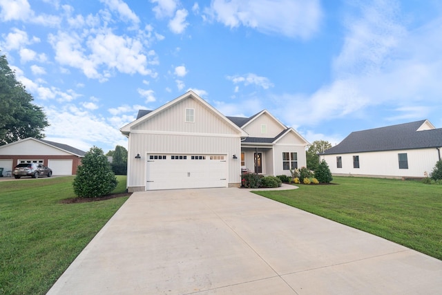 204 Locust St, Mc Ewen, TN 37101 - view of front of home featuring board and batten siding, a front yard, concrete driveway, and an attached garage
