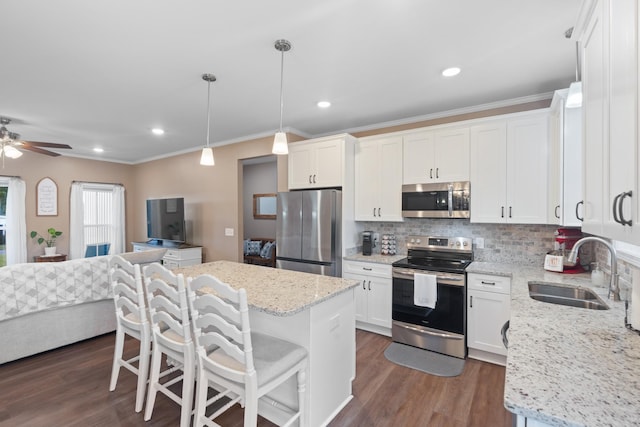 204 Locust St, Mc Ewen, TN 37101 - kitchen with stainless steel appliances, decorative backsplash, dark wood-type flooring, white cabinetry, and recessed lighting