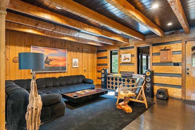 3360 Sweeney Hollow Rd, Franklin, TN 37064 - living room featuring wood walls, a wooden ceiling with exposed beams, and wood finished floors