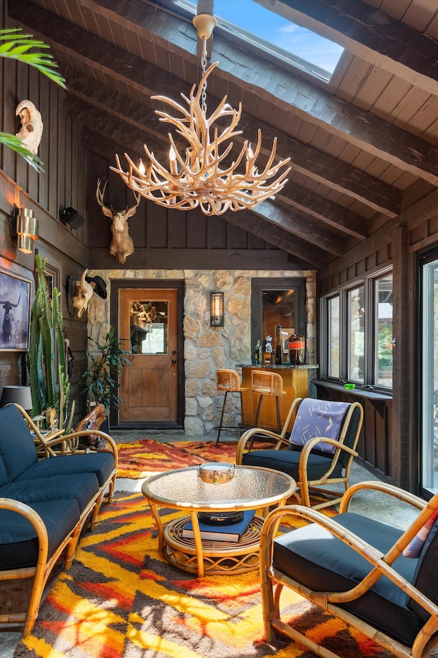 3360 Sweeney Hollow Rd, Franklin, TN 37064 - interior space with a wood ceiling with exposed beams, a chandelier, wooden walls, and high vaulted ceiling