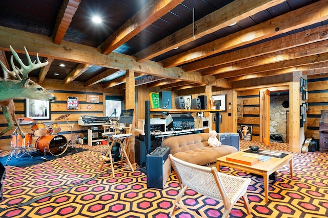 3360 Sweeney Hollow Rd, Franklin, TN 37064 - carpeted living area featuring wooden walls and beam ceiling