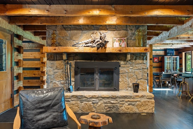 3360 Sweeney Hollow Rd, Franklin, TN 37064 - living room featuring a wood ceiling with exposed beams, a stone fireplace, and wood finished floors