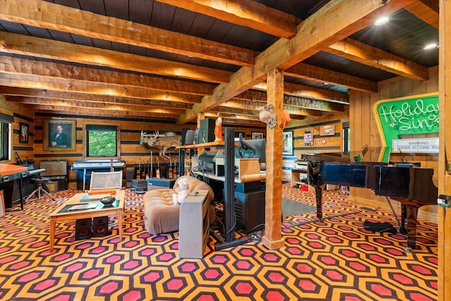 3360 Sweeney Hollow Rd, Franklin, TN 37064 - living room featuring wooden walls and a wood ceiling with exposed beams