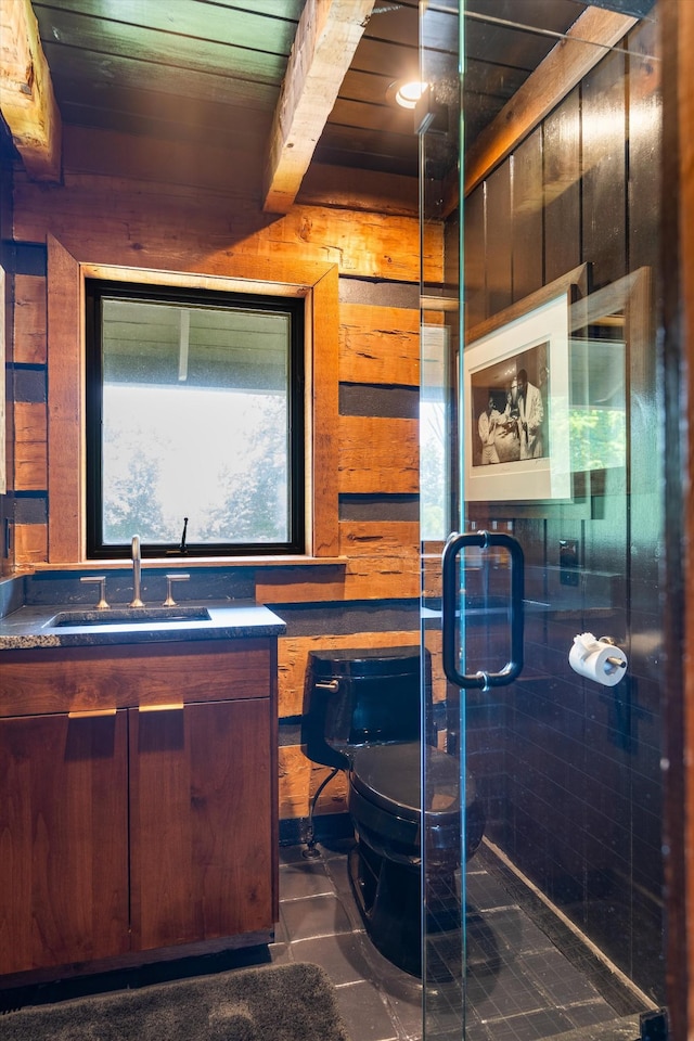 3360 Sweeney Hollow Rd, Franklin, TN 37064 - full bathroom featuring wood walls, a wood ceiling with exposed beams, a stall shower, and vanity