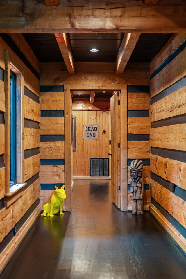 3360 Sweeney Hollow Rd, Franklin, TN 37064 - hall with a wooden ceiling with exposed beams, wooden walls, and dark wood-style floors