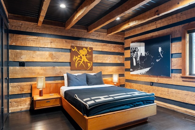 3360 Sweeney Hollow Rd, Franklin, TN 37064 - bedroom with wooden walls, dark wood finished floors, and a wooden ceiling with exposed beams