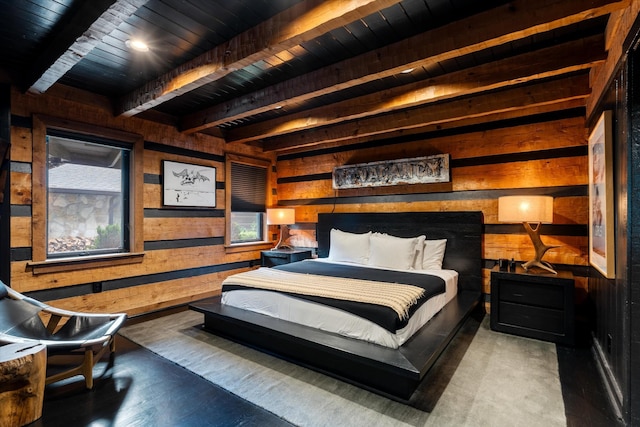 3360 Sweeney Hollow Rd, Franklin, TN 37064 - bedroom with wood walls and a wood ceiling with exposed beams