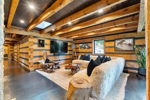 3360 Sweeney Hollow Rd, Franklin, TN 37064 - living room with wooden walls, a wooden ceiling with exposed beams, a skylight, and wood finished floors