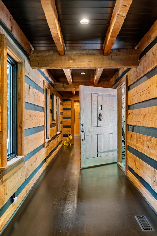 3360 Sweeney Hollow Rd, Franklin, TN 37064 - miscellaneous room featuring a wood ceiling with exposed beams, wood walls, and recessed lighting