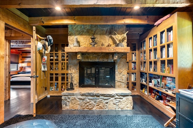 3360 Sweeney Hollow Rd, Franklin, TN 37064 - living room featuring wood finished floors, a wooden ceiling with exposed beams, and a stone fireplace