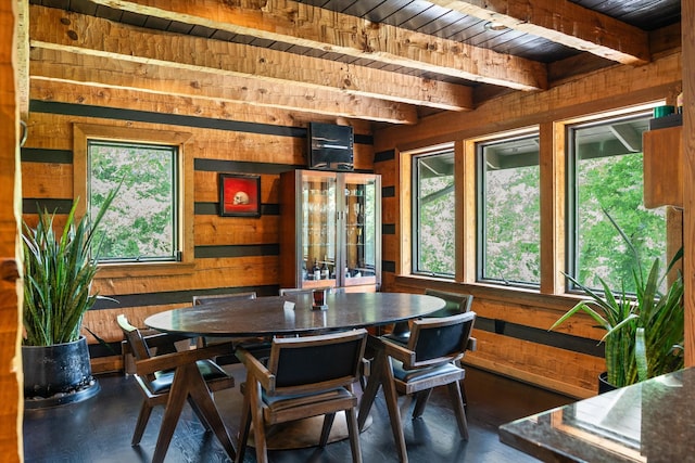 3360 Sweeney Hollow Rd, Franklin, TN 37064 - dining space featuring wood walls and a wooden ceiling with exposed beams