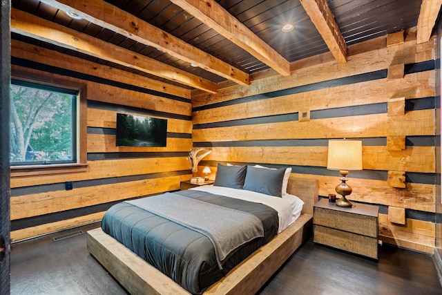 3360 Sweeney Hollow Rd, Franklin, TN 37064 - bedroom with a wooden ceiling with exposed beams, wooden walls, wood finished floors, and recessed lighting