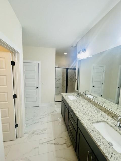 2412 Bullrush Ln, Murfreesboro, TN 37128 - full bath with a marble finish shower, double vanity, and marble finish floors