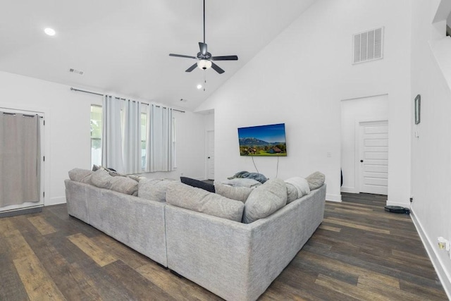 2412 Bullrush Ln, Murfreesboro, TN 37128 - living room with high vaulted ceiling, dark wood-style flooring, ceiling fan, and recessed lighting