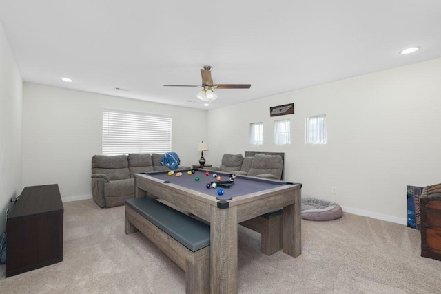 2412 Bullrush Ln, Murfreesboro, TN 37128 - rec room with light colored carpet, a ceiling fan, billiards table, and recessed lighting