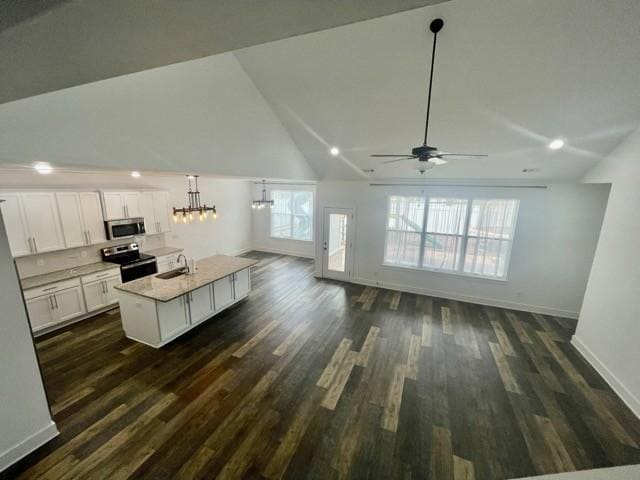 2412 Bullrush Ln, Murfreesboro, TN 37128 - kitchen featuring stainless steel appliances, lofted ceiling, a ceiling fan, open floor plan, and dark wood finished floors