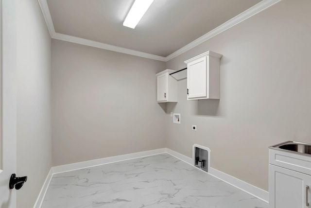3058 Henley Way, Spring Hill, TN 37174 - laundry area featuring hookup for an electric dryer, cabinet space, washer hookup, light marble finish flooring, and ornamental molding